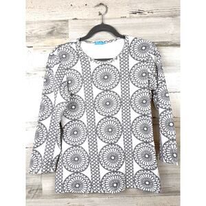 J. McLaughlin Women S White Black Geometric Catalina Cloth 3/4 Sleeve Top Casual